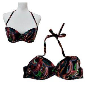 Victoria’s Secret paisley black multicolor halter bikini‎ top size 34A underwire